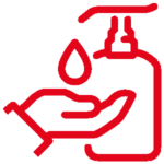 Ein rotes Icon was einen Desinfektionsspender zeigt und darunter einen Tropfen der auf eine ausgestreckte Hand fällt.